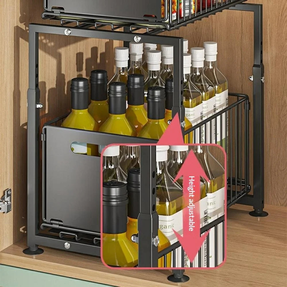 5-Level Height Adjustable Kitchen Pull-Out Storage Rack Double Layer Foldable Cabinet Organizer Sink Cabinet Storage Basket - Black - 2