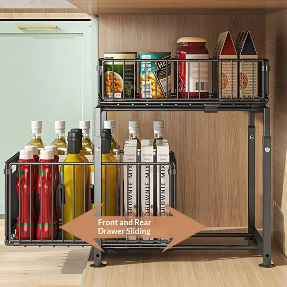5-Level Height Adjustable Kitchen Pull-Out Storage Rack Double Layer Foldable Cabinet Organizer Sink Cabinet Storage Basket - Black - 3