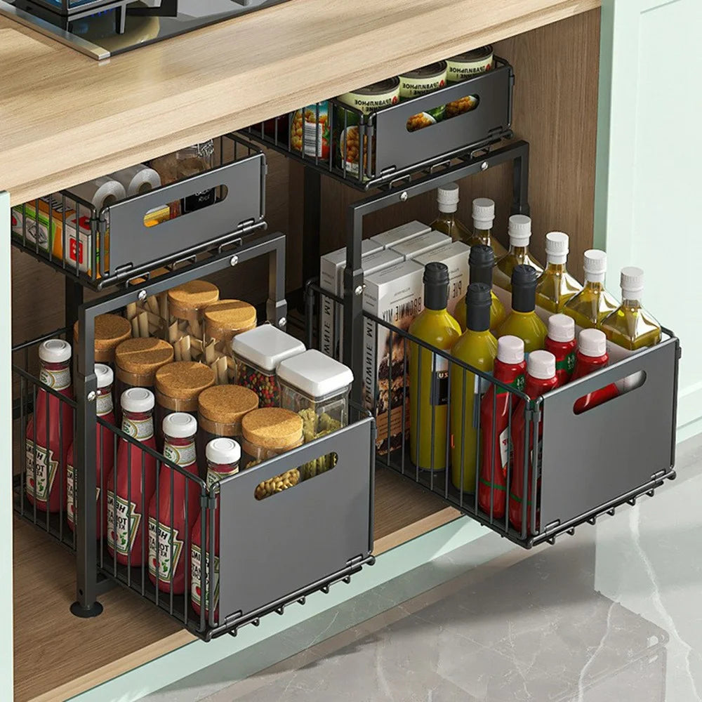 5-Level Height Adjustable Kitchen Pull-Out Storage Rack Double Layer Foldable Cabinet Organizer Sink Cabinet Storage Basket - Black - 4