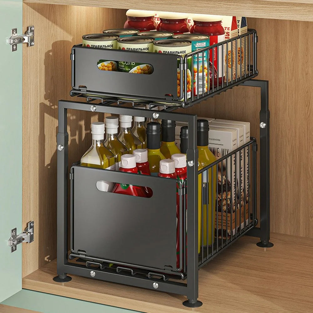 5-Level Height Adjustable Kitchen Pull-Out Storage Rack Double Layer Foldable Cabinet Organizer Sink Cabinet Storage Basket - Black - 6