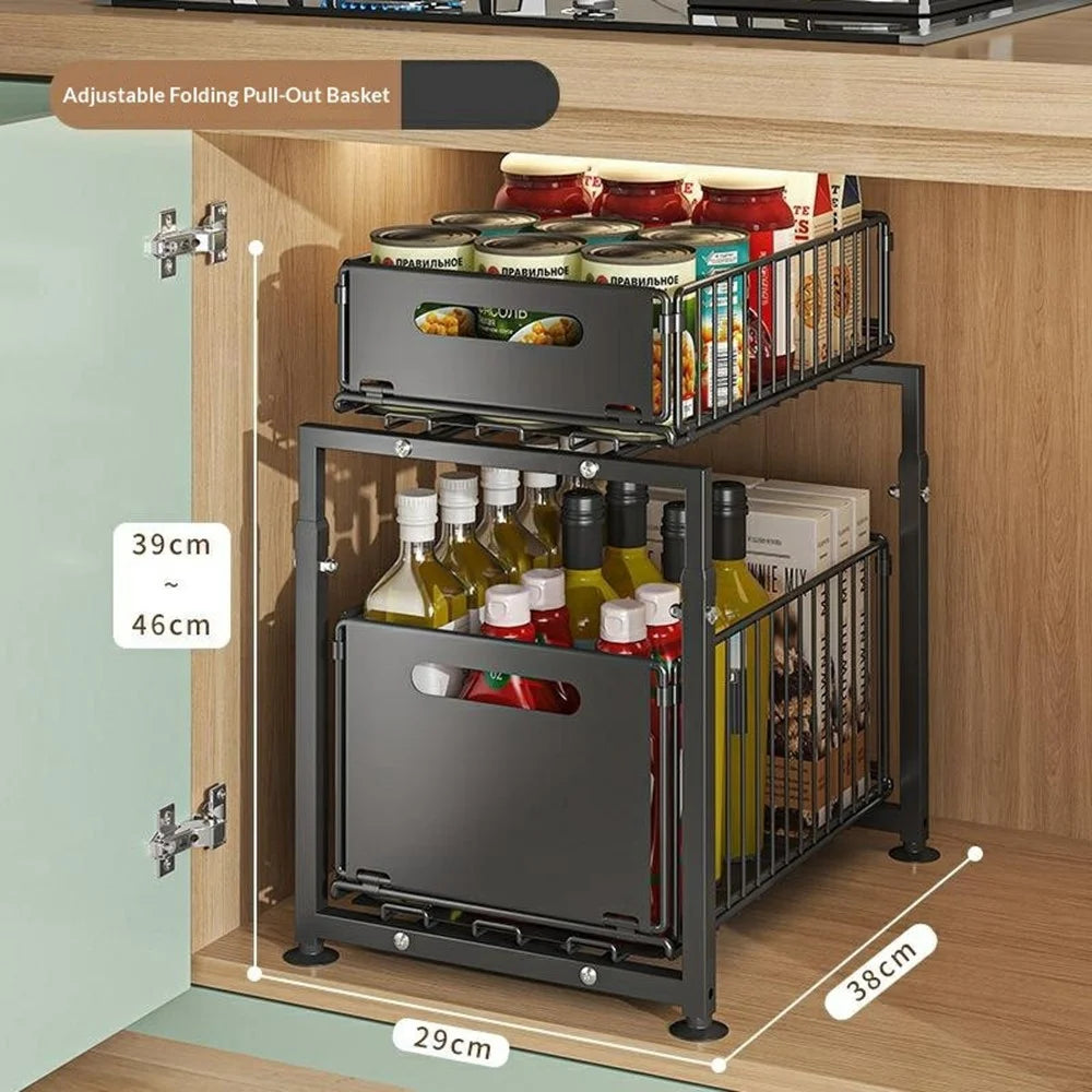 5-Level Height Adjustable Kitchen Pull-Out Storage Rack Double Layer Foldable Cabinet Organizer Sink Cabinet Storage Basket - Black - 7