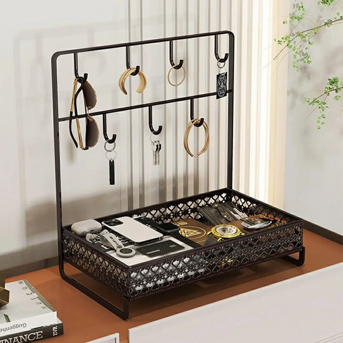 Carbon Steel Desktop Storage Box Double Layer Entryway Organizer Space Saving Key Rack - Coffee - 2