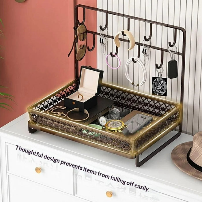 Carbon Steel Desktop Storage Box Double Layer Entryway Organizer Space Saving Key Rack - Coffee - 3