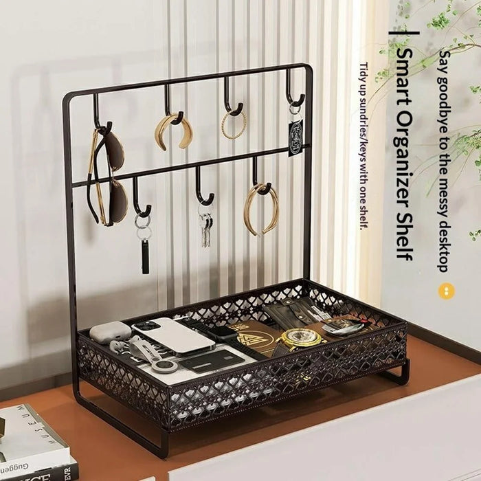 Carbon Steel Desktop Storage Box Double Layer Entryway Organizer Space Saving Key Rack - Coffee - 5