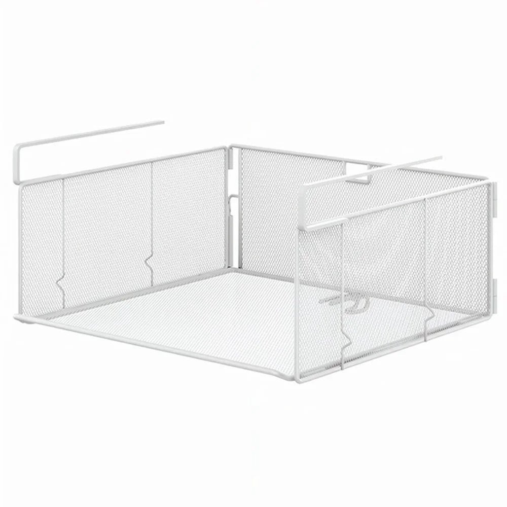 1Pc Under Cabinet Basket Organizer Foldable No Drill Storage Rack Stackable for Kitchen Closet - White - 1