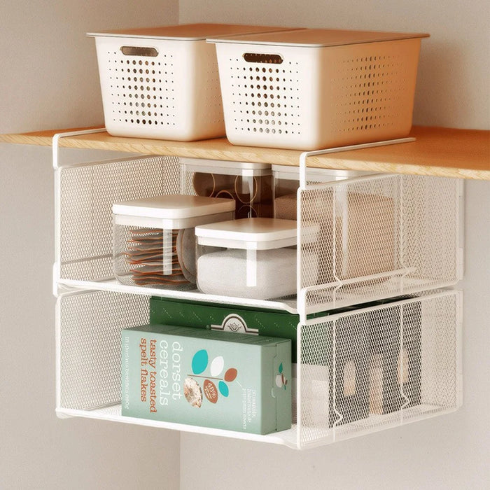 1Pc Under Cabinet Basket Organizer Foldable No Drill Storage Rack Stackable for Kitchen Closet - White - 2