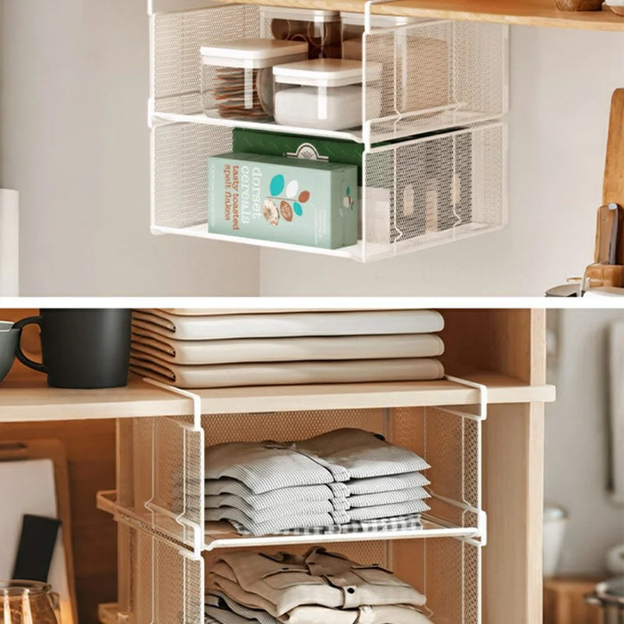 1Pc Under Cabinet Basket Organizer Foldable No Drill Storage Rack Stackable for Kitchen Closet - White - 3