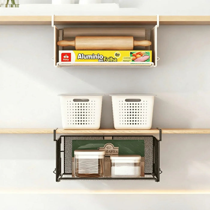 1Pc Under Cabinet Basket Organizer Foldable No Drill Storage Rack Stackable for Kitchen Closet - White - 4