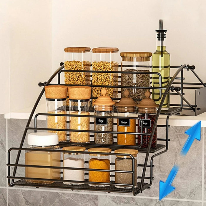 3-Tier Expandable Spice Rack Organizer Iron Kitchen Storage Shelf for Cabinet Countertop Pantry - Black - 2