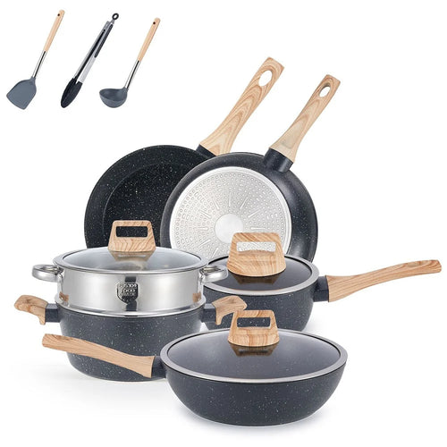 Granite Non-Stick Cookware Set 12Pcs Kitchen Utensils Marble Pattern Frying Pan / Stockpot / Sauce Pan for Home Cooking - Black - 1
