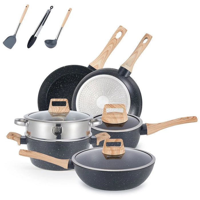 Granite Non-Stick Cookware Set 12Pcs Kitchen Utensils Marble Pattern Frying Pan / Stockpot / Sauce Pan for Home Cooking - Black - 1