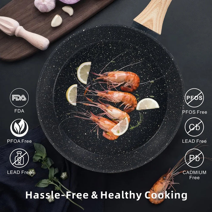 Granite Non-Stick Cookware Set 12Pcs Kitchen Utensils Marble Pattern Frying Pan / Stockpot / Sauce Pan for Home Cooking - Black - 3
