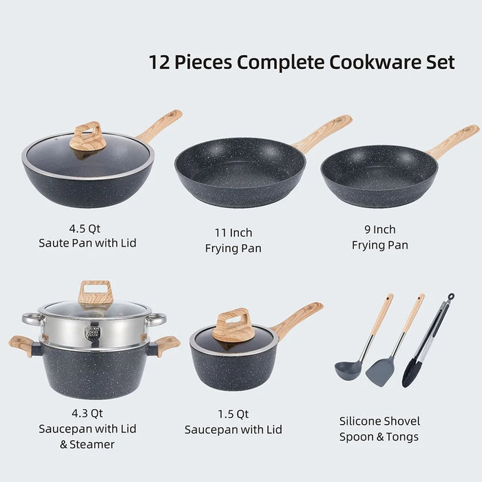 Granite Non-Stick Cookware Set 12Pcs Kitchen Utensils Marble Pattern Frying Pan / Stockpot / Sauce Pan for Home Cooking - Black - 7