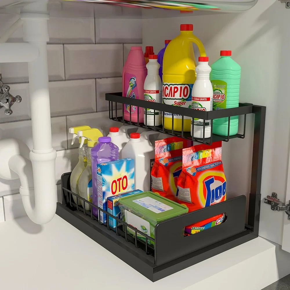Under Sink Organizer 2-Tier Drawer Storage Rack Kitchen Counter Shelf Spice Holder Pull Out Basket for Cabinet - Black - 1