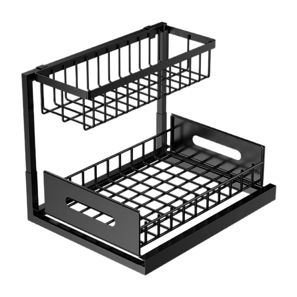 Under Sink Organizer 2-Tier Drawer Storage Rack Kitchen Counter Shelf Spice Holder Pull Out Basket for Cabinet - Black - 2
