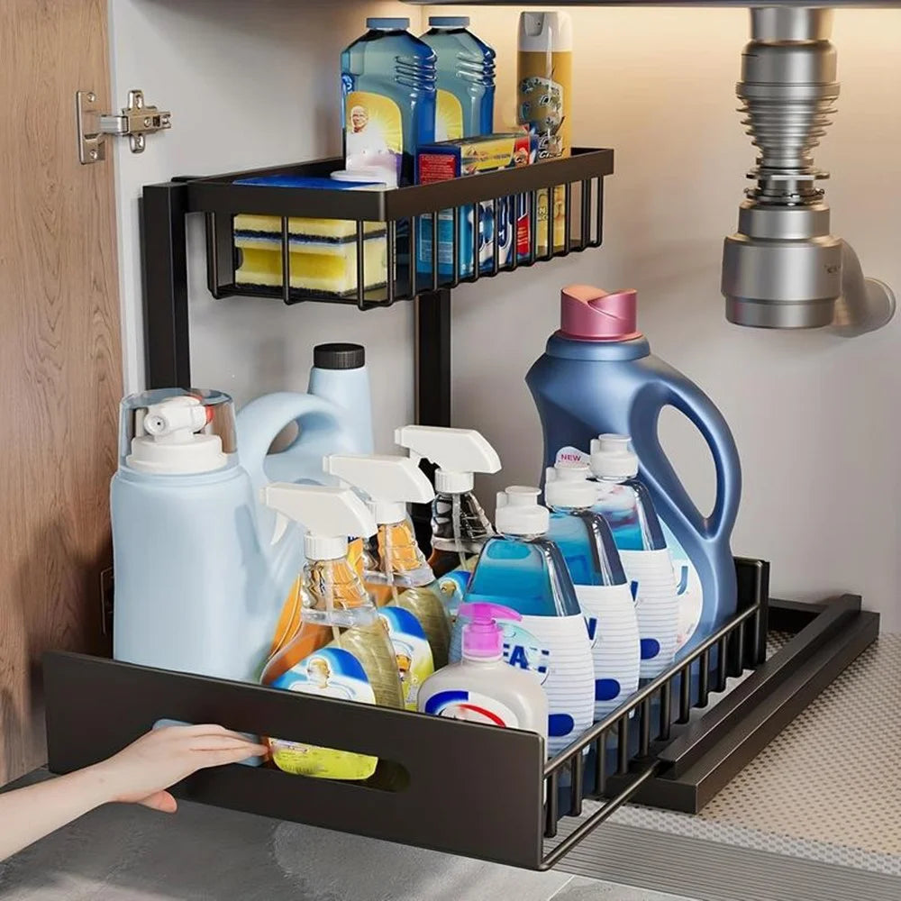 Under Sink Organizer 2-Tier Drawer Storage Rack Kitchen Counter Shelf Spice Holder Pull Out Basket for Cabinet - Black - 3