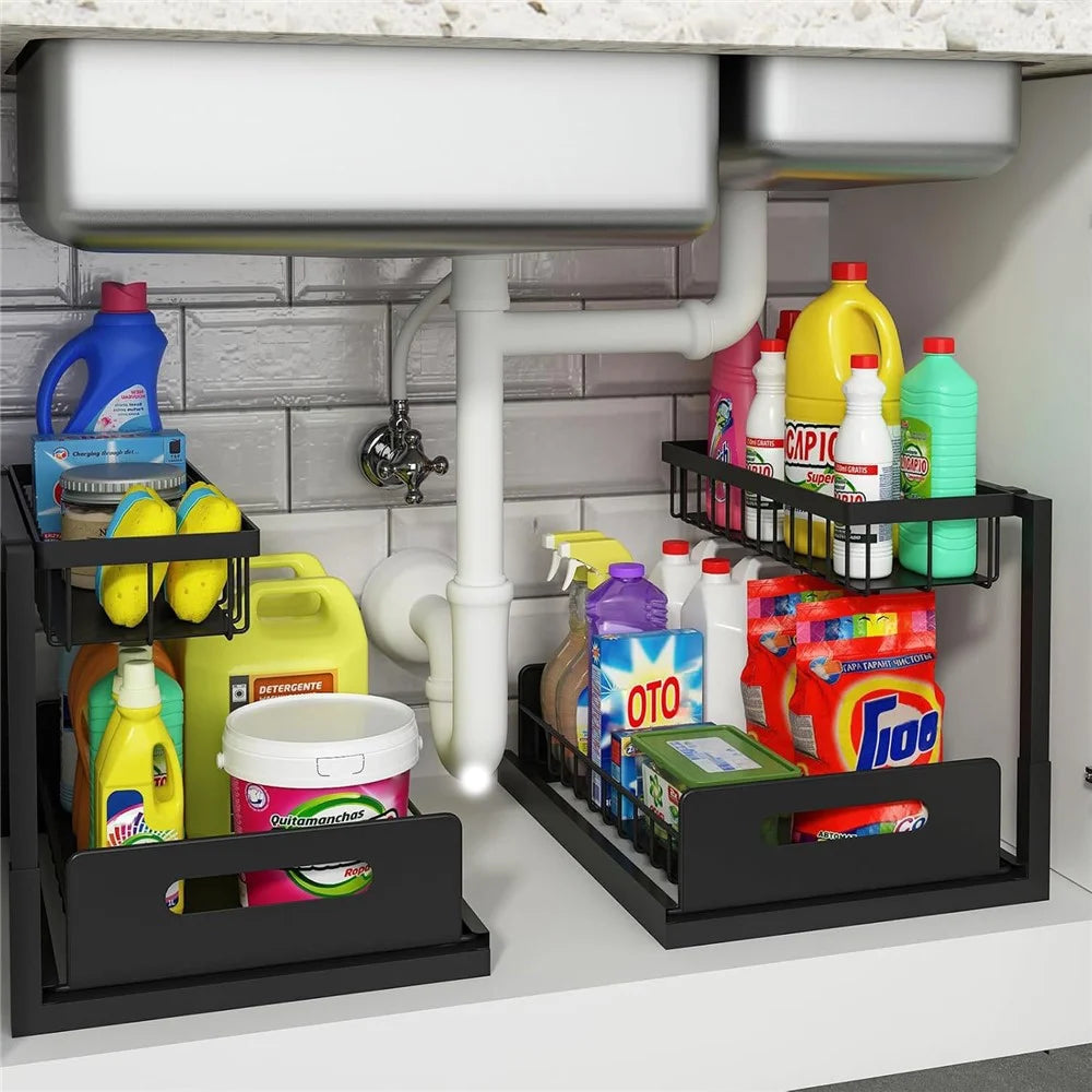 Under Sink Organizer 2-Tier Drawer Storage Rack Kitchen Counter Shelf Spice Holder Pull Out Basket for Cabinet - Black - 4