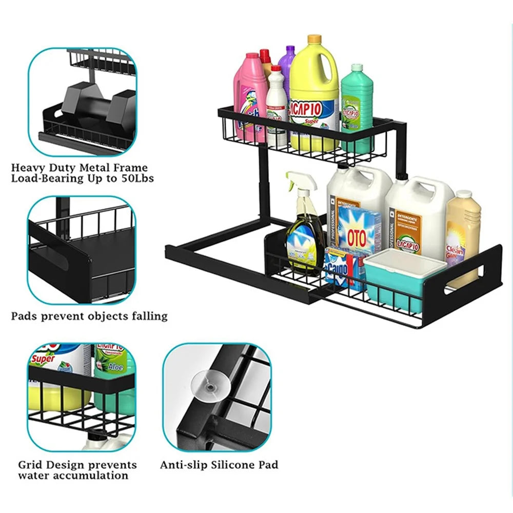 Under Sink Organizer 2-Tier Drawer Storage Rack Kitchen Counter Shelf Spice Holder Pull Out Basket for Cabinet - Black - 5