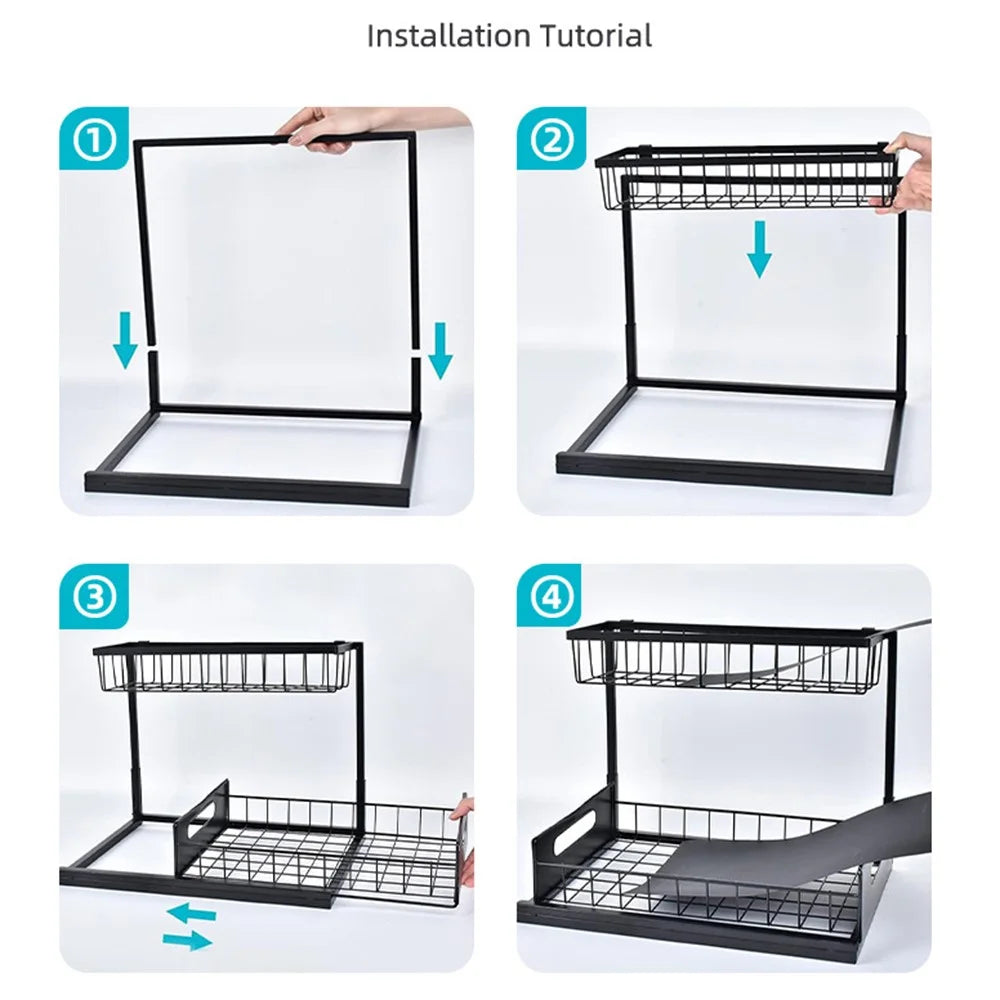 Under Sink Organizer 2-Tier Drawer Storage Rack Kitchen Counter Shelf Spice Holder Pull Out Basket for Cabinet - Black - 6