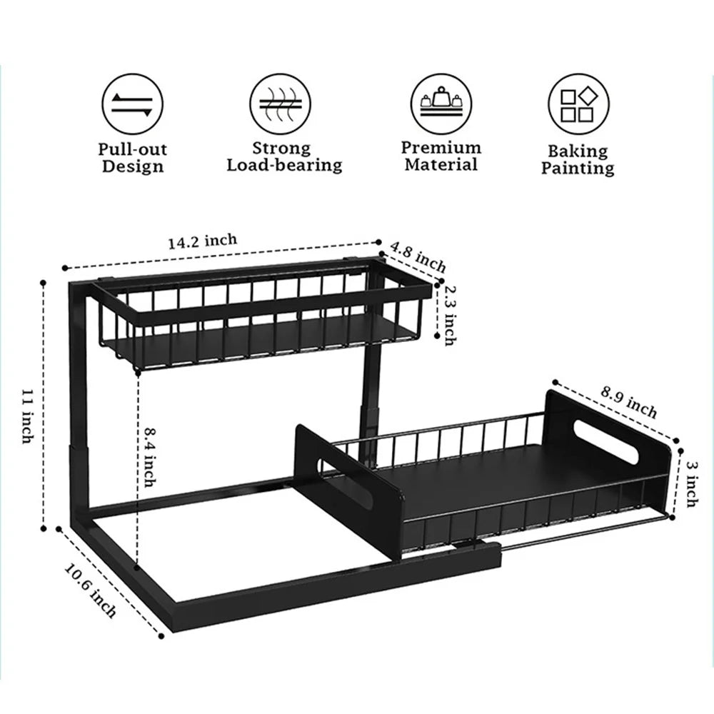 Under Sink Organizer 2-Tier Drawer Storage Rack Kitchen Counter Shelf Spice Holder Pull Out Basket for Cabinet - Black - 7