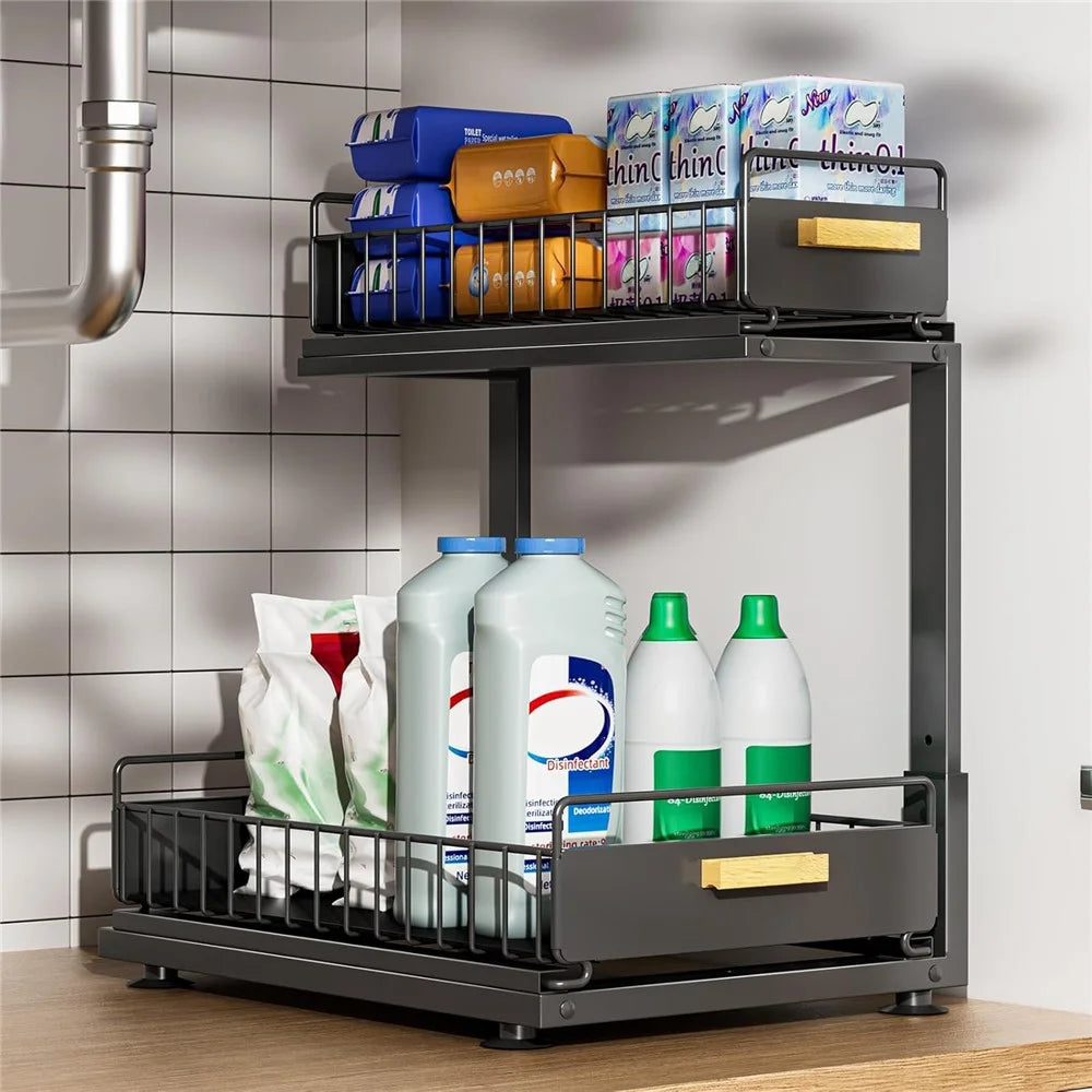 Kitchen Sink Cabinet Organizer Adjustable Height Double Layer Pull-Out Storage Rack Countertop Spice Shelf - Black - 1