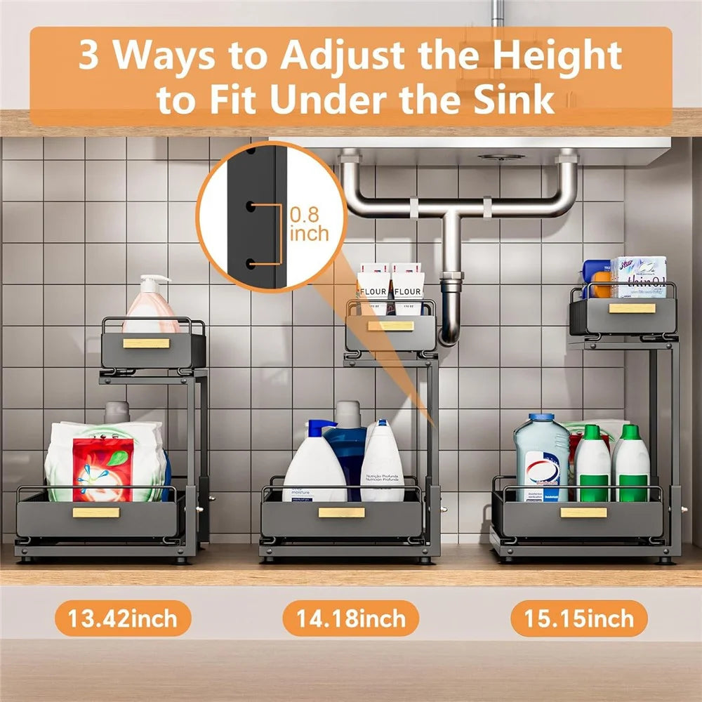 Kitchen Sink Cabinet Organizer Adjustable Height Double Layer Pull-Out Storage Rack Countertop Spice Shelf - Black - 2