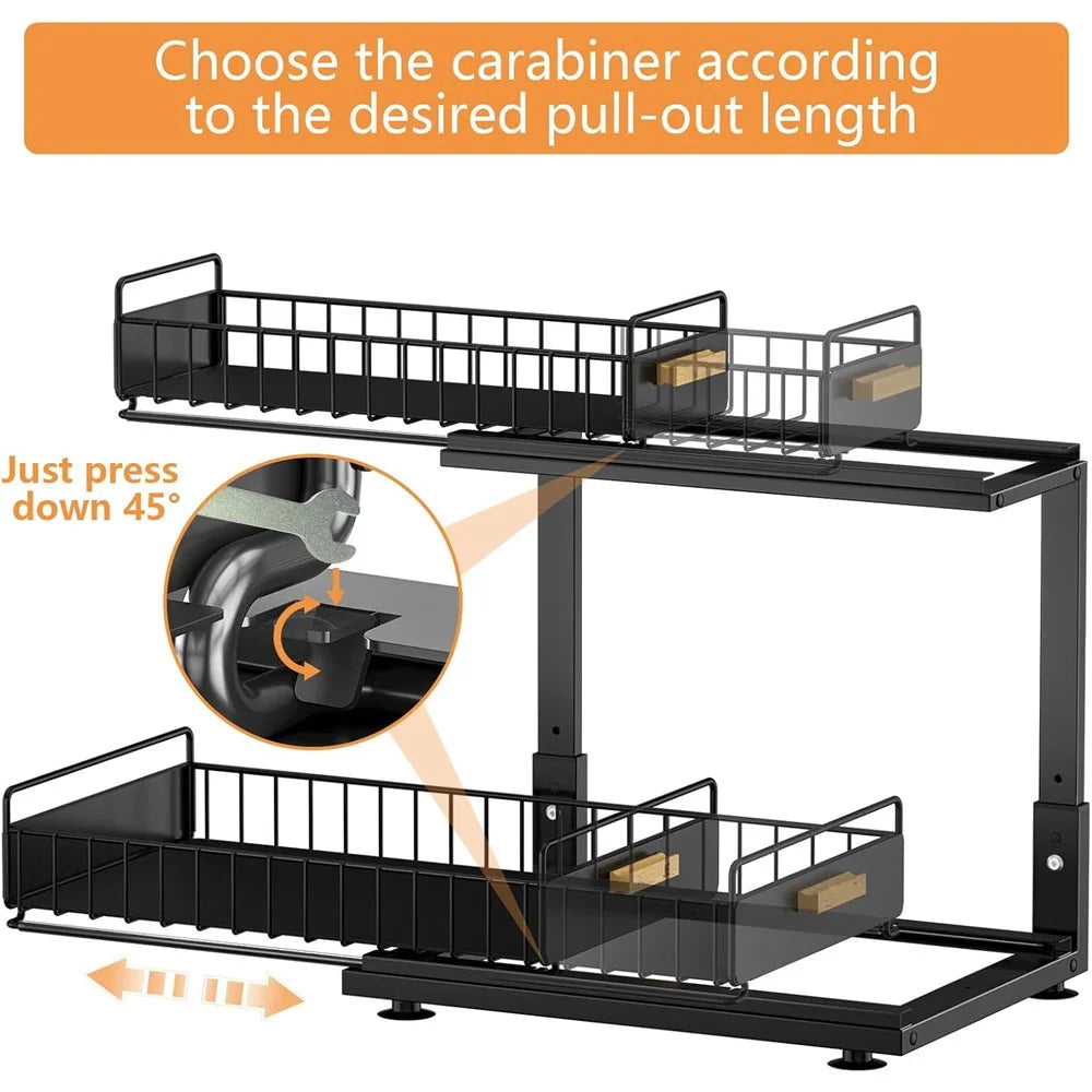 Kitchen Sink Cabinet Organizer Adjustable Height Double Layer Pull-Out Storage Rack Countertop Spice Shelf - Black - 4