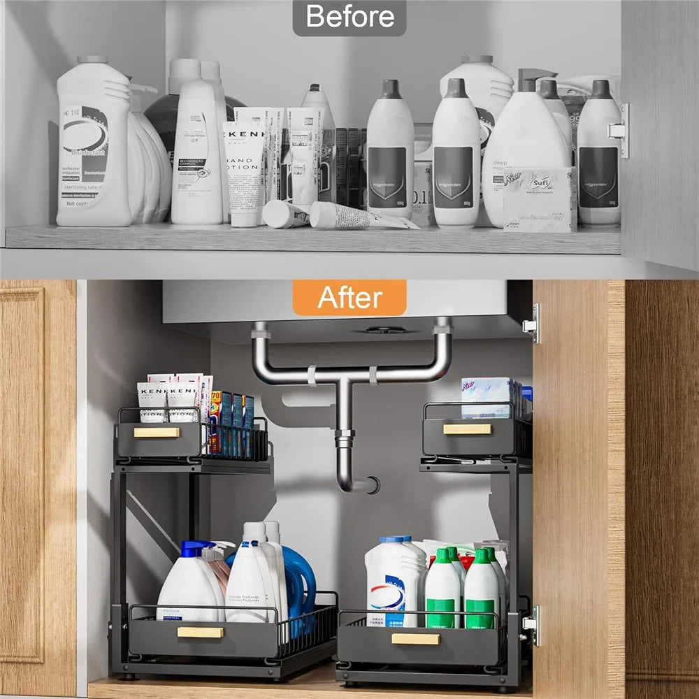 Kitchen Sink Cabinet Organizer Adjustable Height Double Layer Pull-Out Storage Rack Countertop Spice Shelf - Black - 6