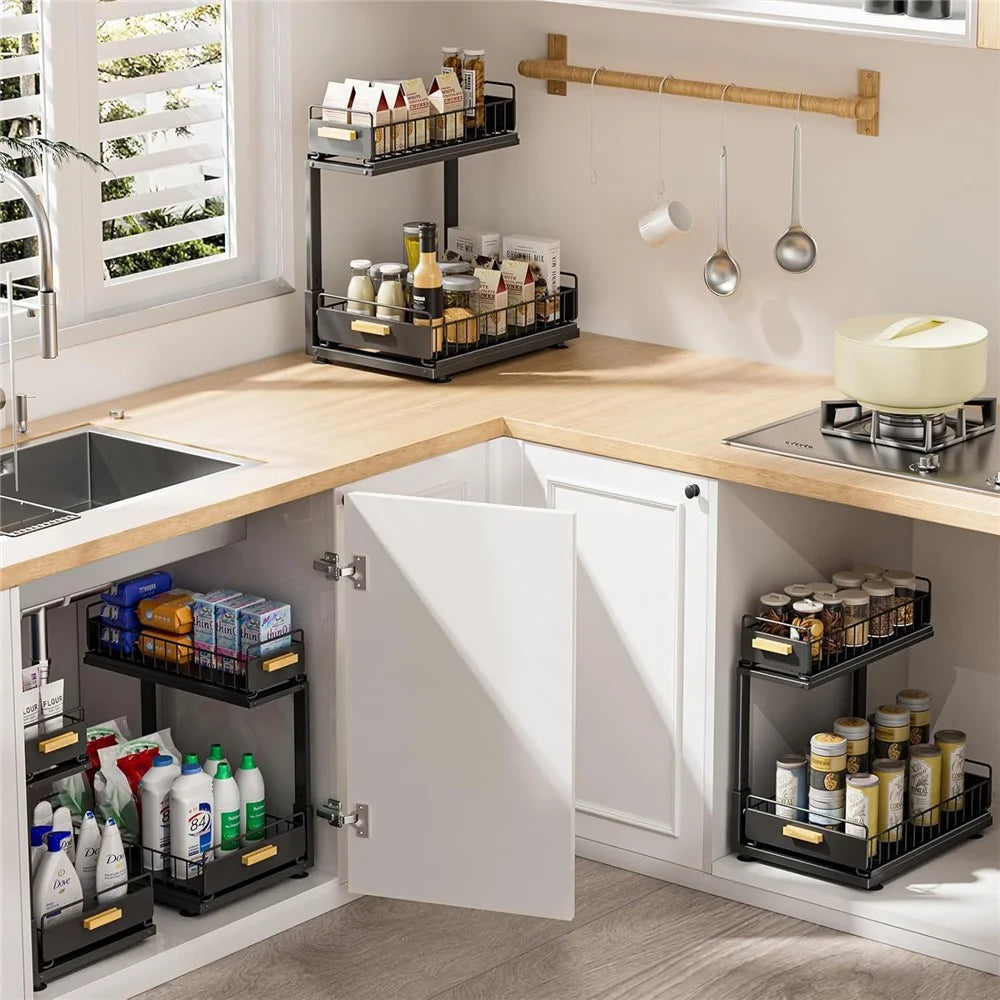 Kitchen Sink Cabinet Organizer Adjustable Height Double Layer Pull-Out Storage Rack Countertop Spice Shelf - Black - 7