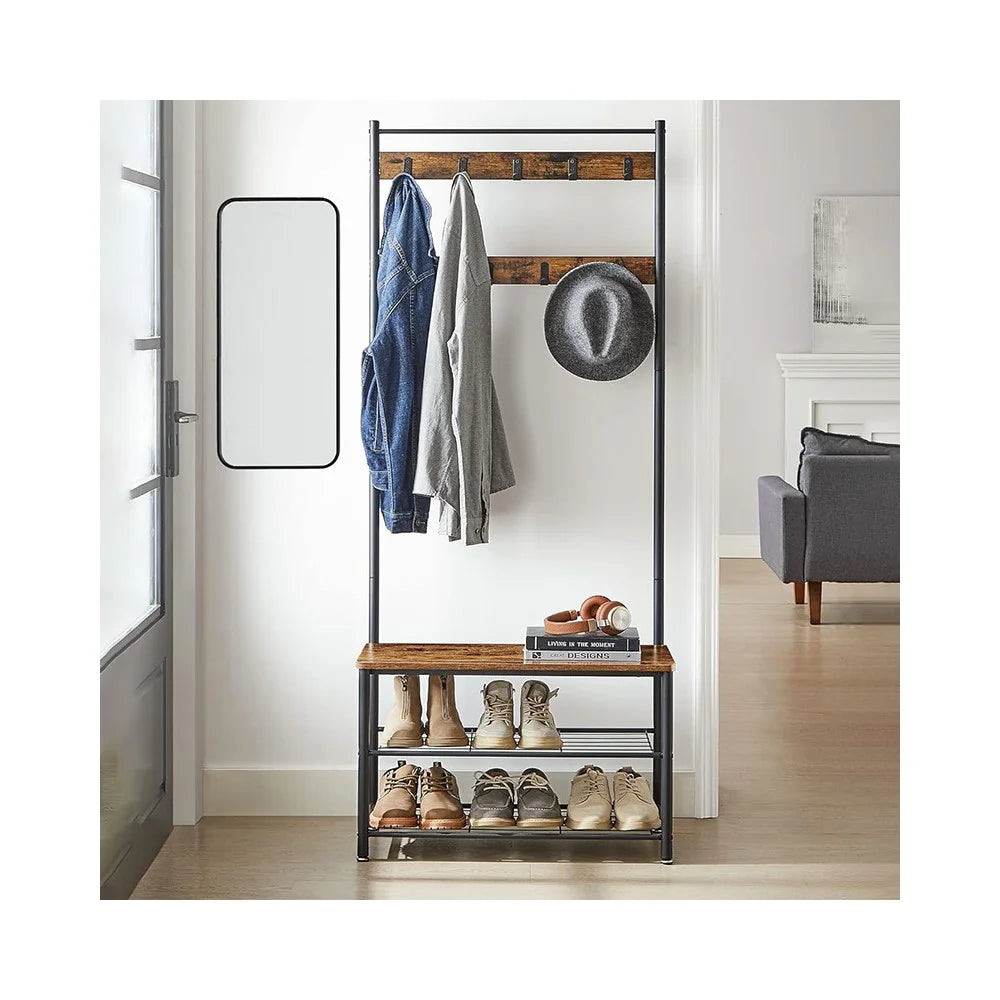 Multi-Functional Entryway Coat Rack with Shoe Bench 9 Hooks Carbon Steel Hall Tree Storage Shelf - 1