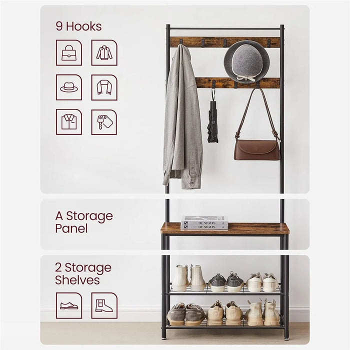 Multi-Functional Entryway Coat Rack with Shoe Bench 9 Hooks Carbon Steel Hall Tree Storage Shelf - 4