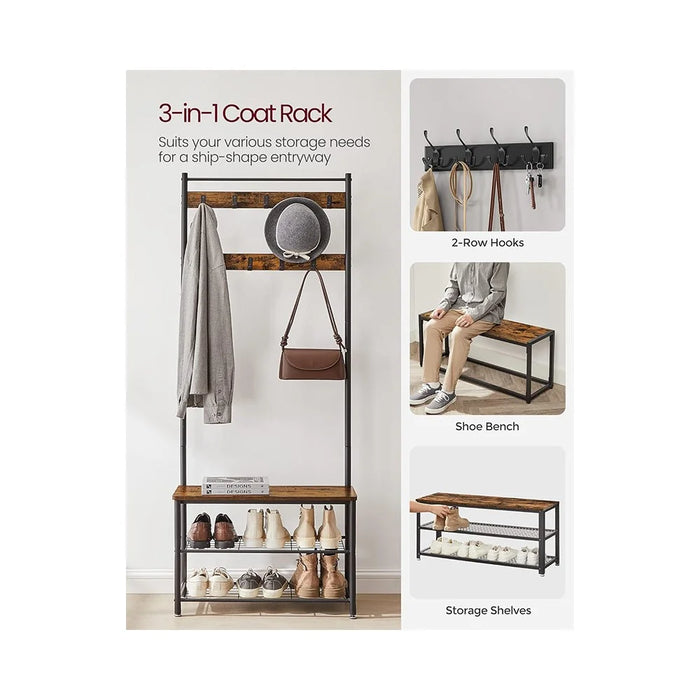 Multi-Functional Entryway Coat Rack with Shoe Bench 9 Hooks Carbon Steel Hall Tree Storage Shelf - 5