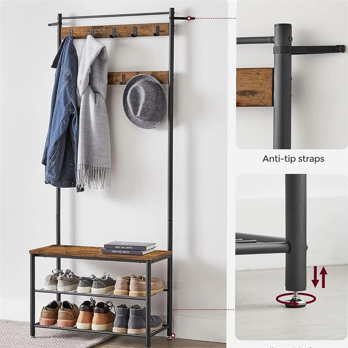 Multi-Functional Entryway Coat Rack with Shoe Bench 9 Hooks Carbon Steel Hall Tree Storage Shelf - 6