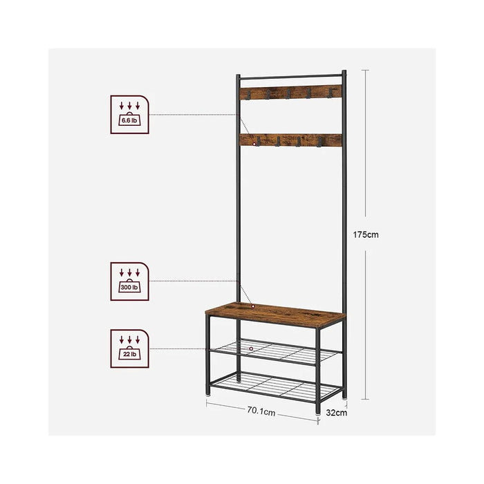 Multi-Functional Entryway Coat Rack with Shoe Bench 9 Hooks Carbon Steel Hall Tree Storage Shelf - 7