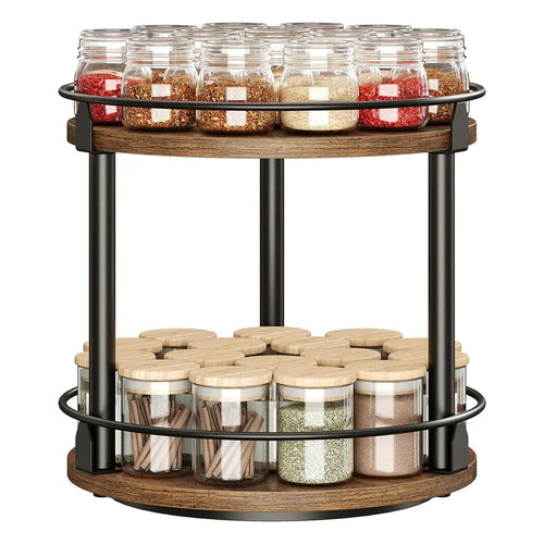 2-Tier Rotating Spice Rack Space Saving Kitchen Seasoning Organizer Metal Frame Storage Shelf - 1