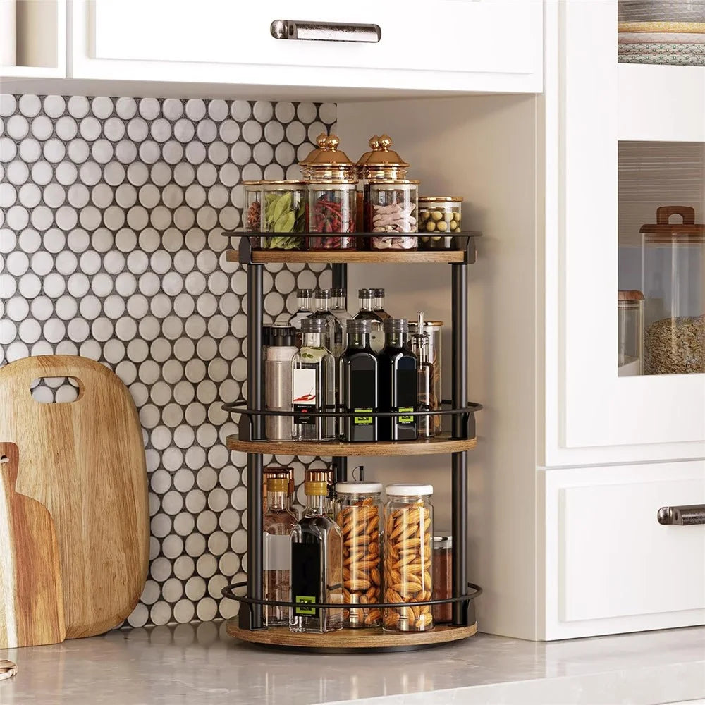 3-Tier Rotating Spice Rack Space Saving Kitchen Seasoning Organizer Metal Frame Storage Shelf - 5