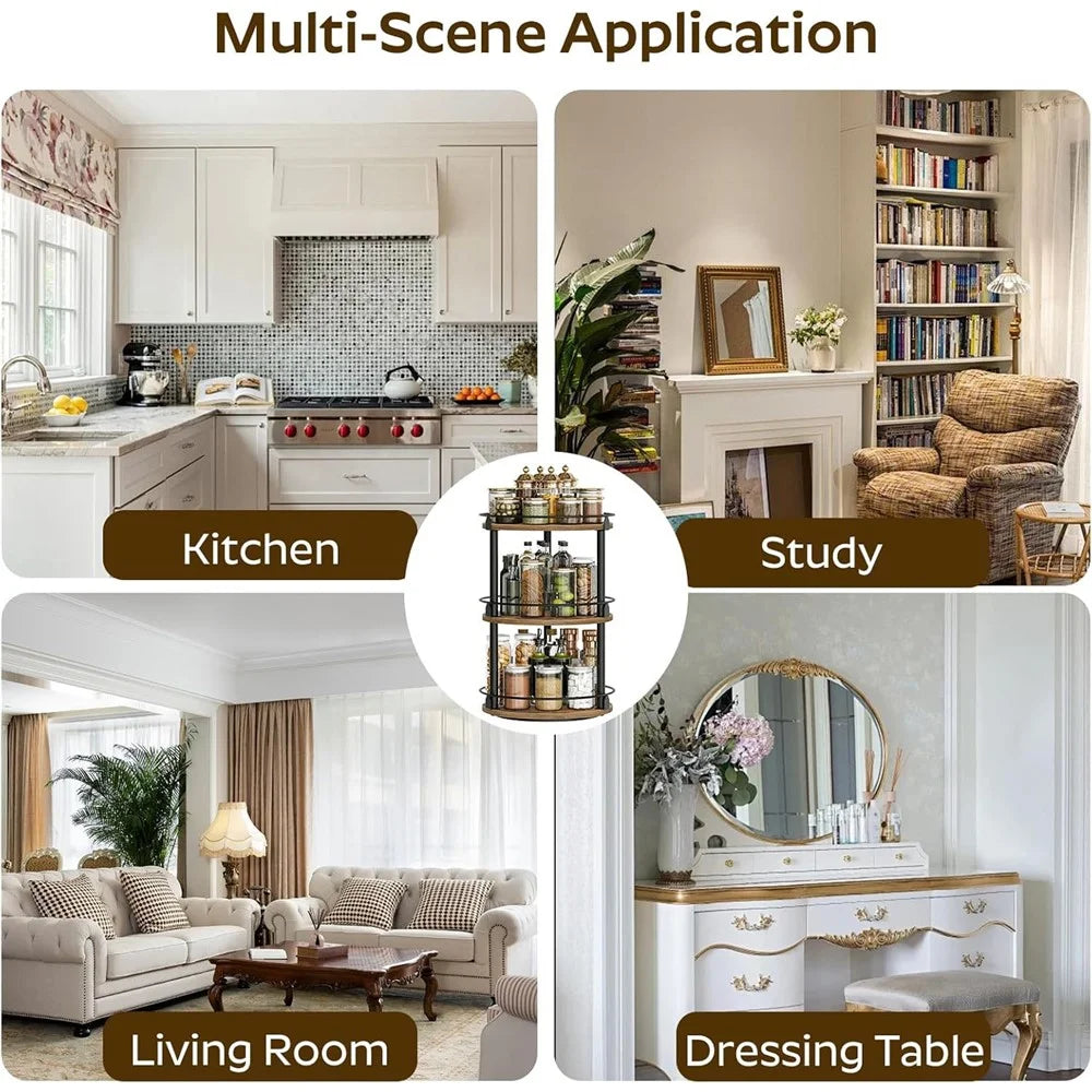 3-Tier Rotating Spice Rack Space Saving Kitchen Seasoning Organizer Metal Frame Storage Shelf - 7