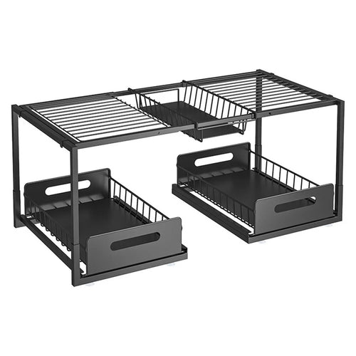 Double-Layer Kitchen Sink Organizer Pull-Out Retractable Rack Rustproof Storage Cabinet Basket - Black  /  Model A - 1