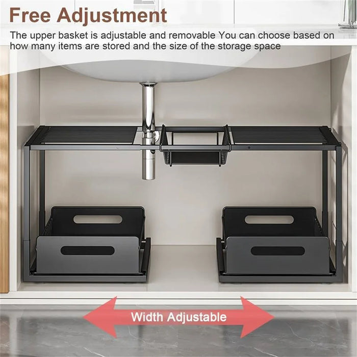 Double-Layer Kitchen Sink Organizer Pull-Out Retractable Rack Rustproof Storage Cabinet Basket - Black  /  Model A - 5