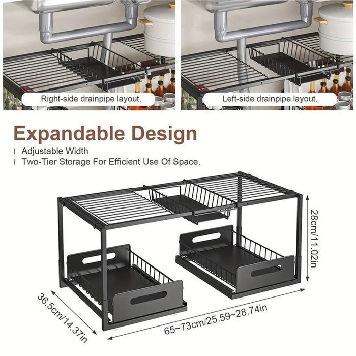 Double-Layer Kitchen Sink Organizer Pull-Out Retractable Rack Rustproof Storage Cabinet Basket - Black  /  Model A - 7