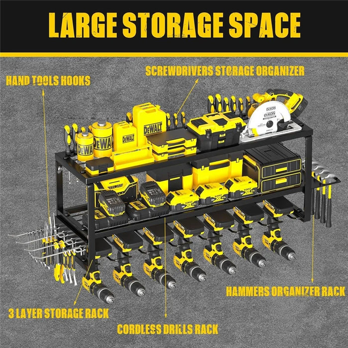 3 Tiers Wall Mounted Storage Rack 7-Slot Heavy Duty Power Tool Organizer Shelf for Garage Workshop, Standard Version - 2