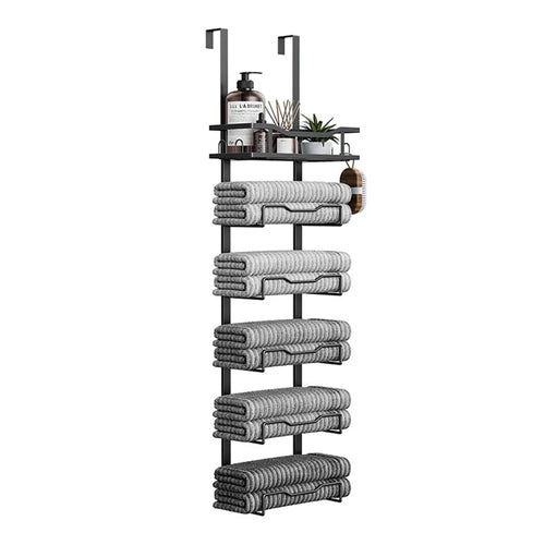 Over Door Towel Rack 6 Tier Iron Bathroom Organizer Wall Mounted Storage Holder for Bath Towels  /  Washcloths - Black - 1