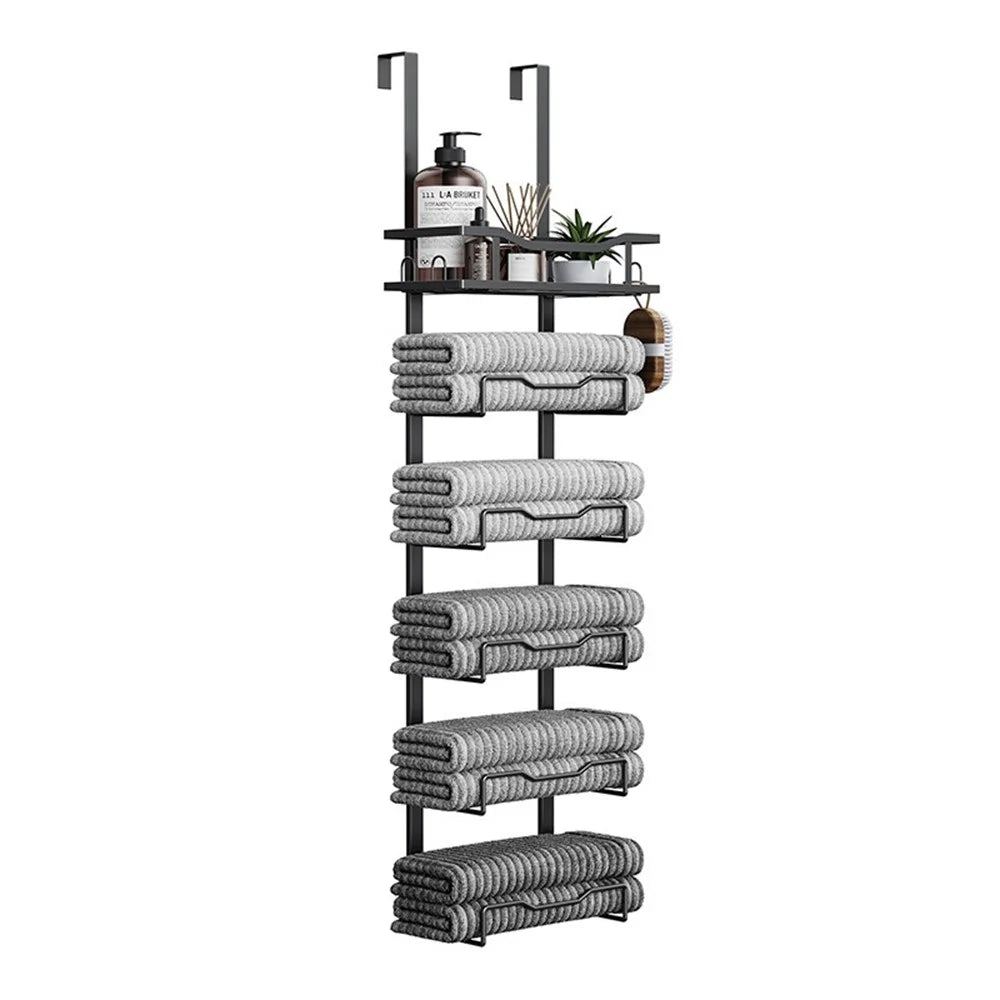 Over Door Towel Rack 6 Tier Iron Bathroom Organizer Wall Mounted Storage Holder for Bath Towels  /  Washcloths - Black - 1