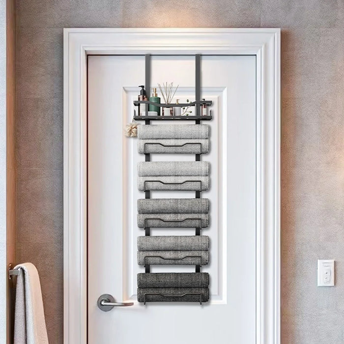 Over Door Towel Rack 6 Tier Iron Bathroom Organizer Wall Mounted Storage Holder for Bath Towels  /  Washcloths - Black - 2
