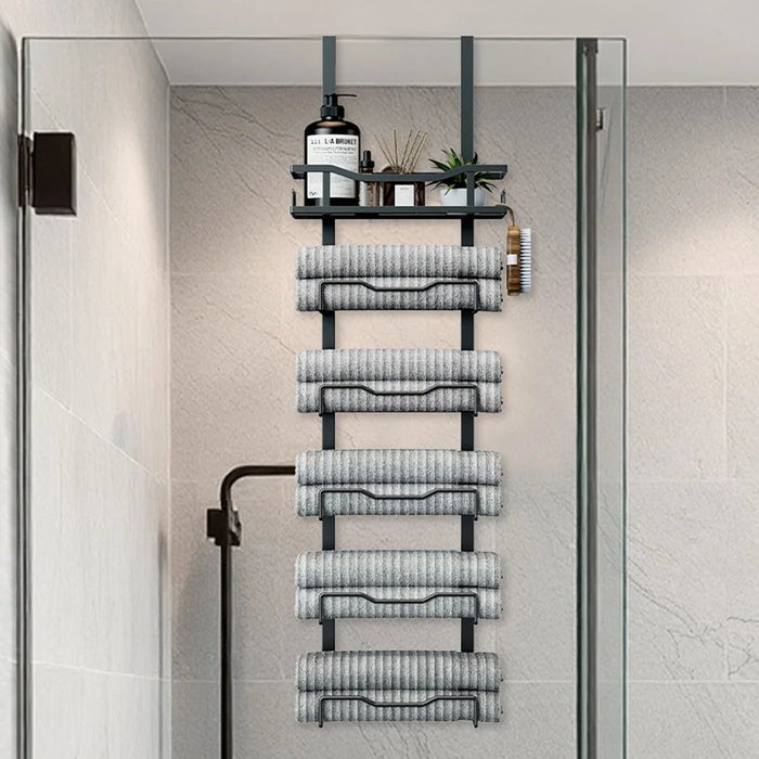 Over Door Towel Rack 6 Tier Iron Bathroom Organizer Wall Mounted Storage Holder for Bath Towels  /  Washcloths - Black - 3
