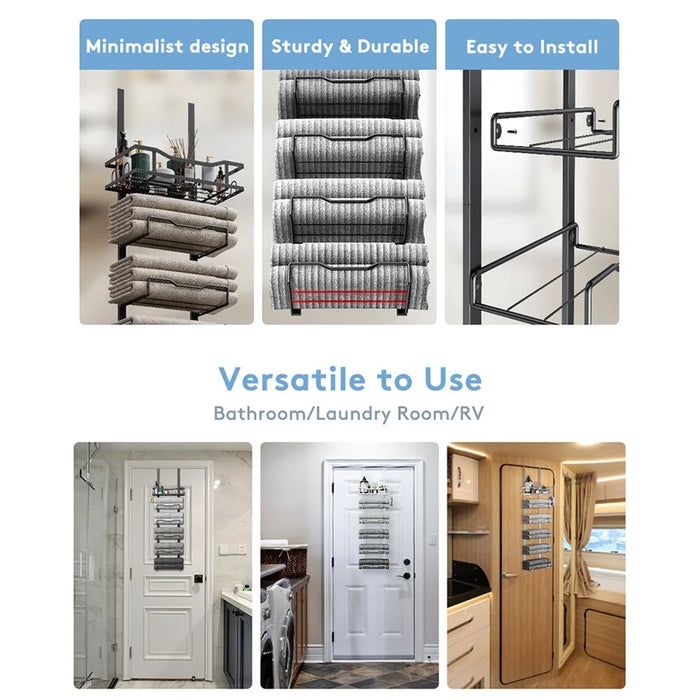 Over Door Towel Rack 6 Tier Iron Bathroom Organizer Wall Mounted Storage Holder for Bath Towels  /  Washcloths - Black - 5