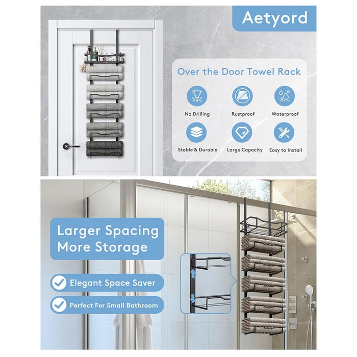 Over Door Towel Rack 6 Tier Iron Bathroom Organizer Wall Mounted Storage Holder for Bath Towels  /  Washcloths - Black - 6