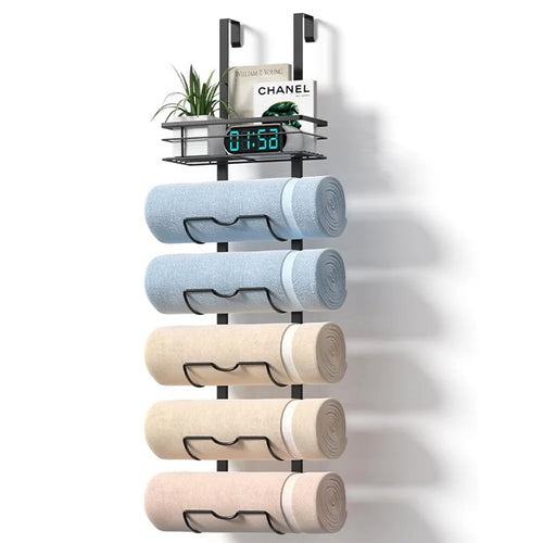 Over Door Towel Rack 6 Tier Bathroom Organizer Shower Hanger Storage Shelf for Shampoo / Body Wash / Toiletries - Black - 1