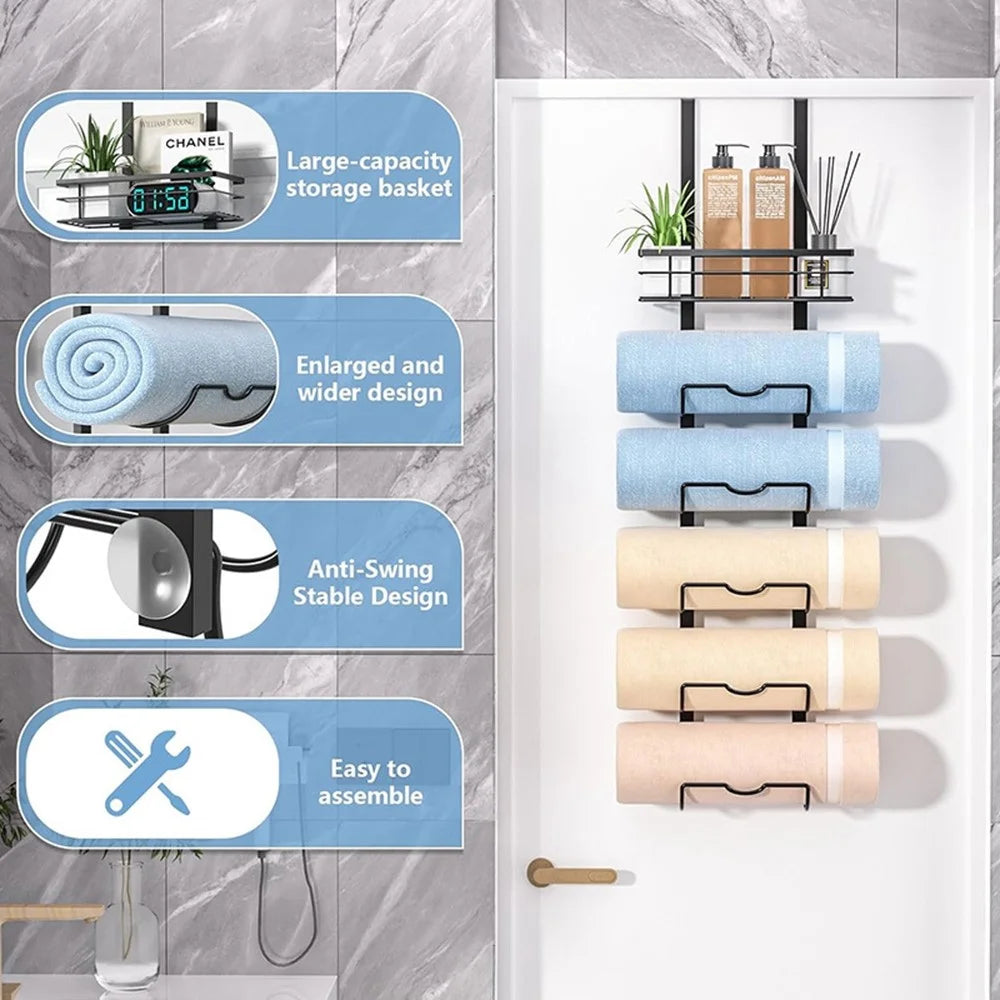 Over Door Towel Rack 6 Tier Bathroom Organizer Shower Hanger Storage Shelf for Shampoo / Body Wash / Toiletries - Black - 2