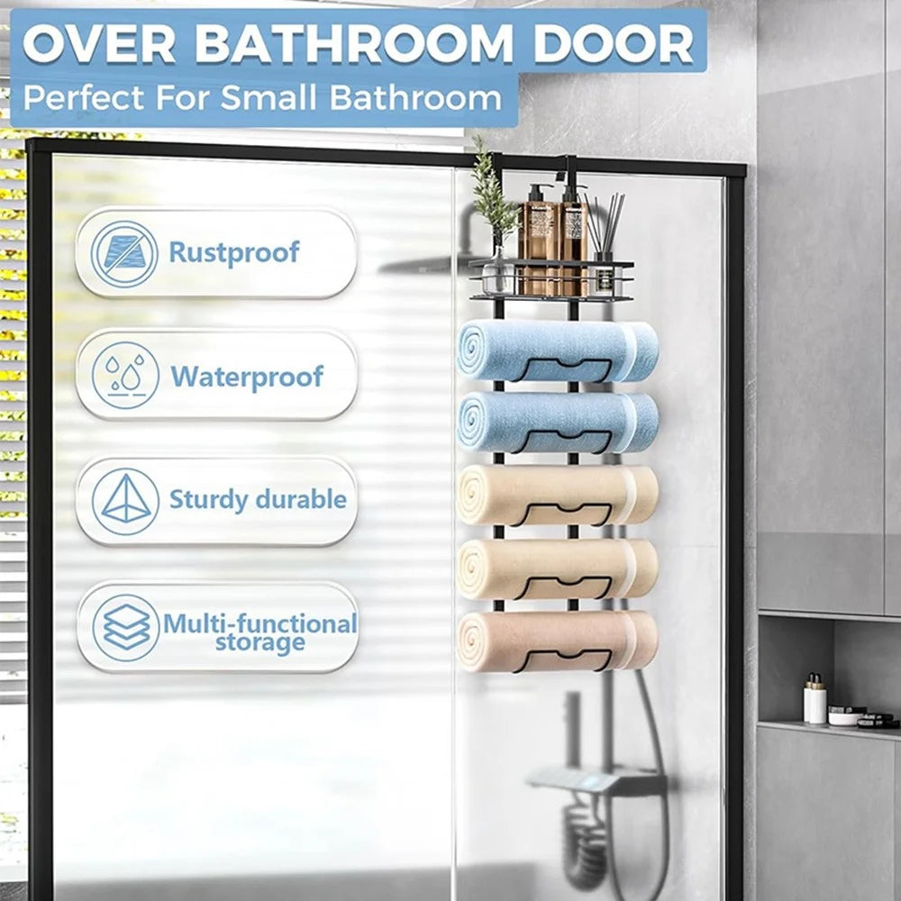 Over Door Towel Rack 6 Tier Bathroom Organizer Shower Hanger Storage Shelf for Shampoo / Body Wash / Toiletries - Black - 3